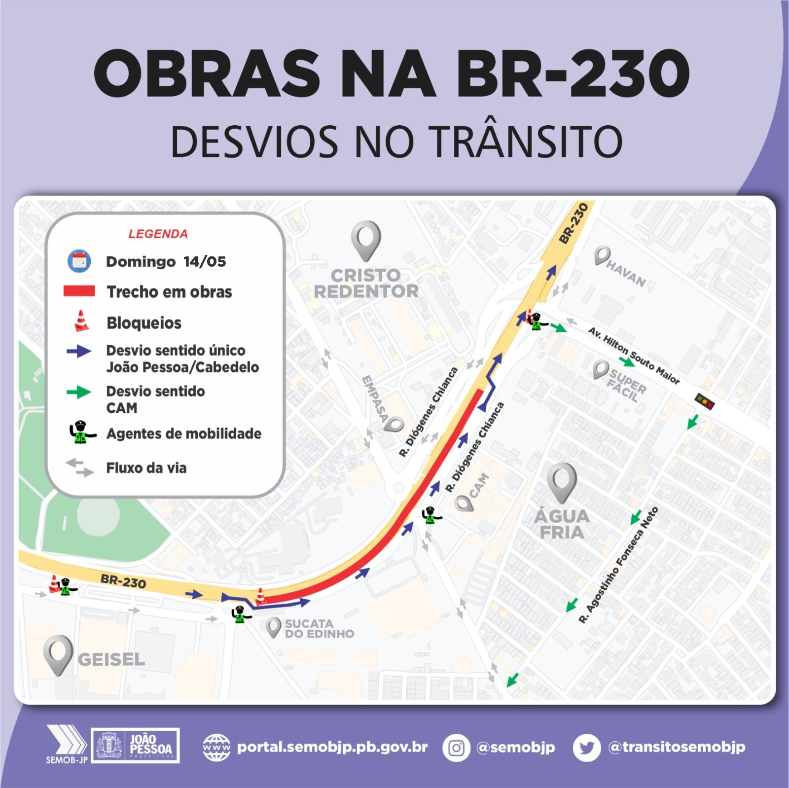 Semob-JP fará mudanças no trânsito da Rua Diógenes Chianca durante obras do  novo viaduto na BR-230